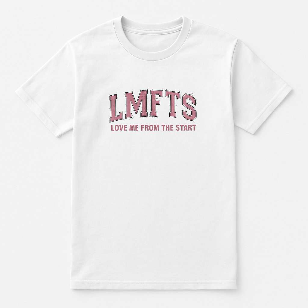White T-Shirt Flat Lay with LMFTS Design